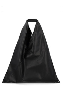 Mm6 Maison Margiela women’s black leather tote bag with minimalist design and subtle white stitching details