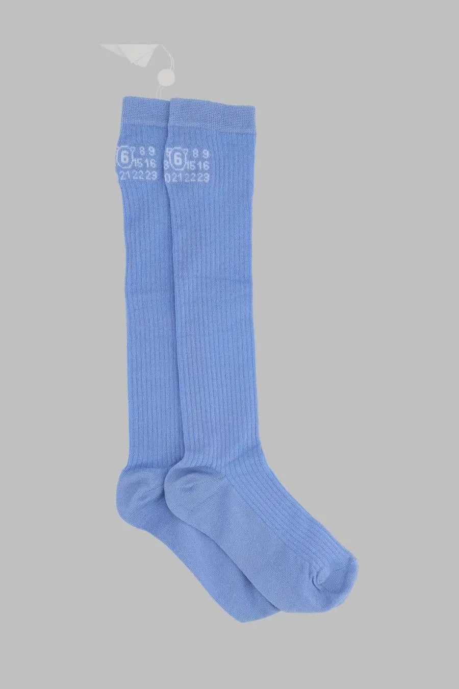 Mm6 maison margiela women’s light blue ribbed knee-high socks with soft knit texture and white cuff branding
