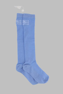 Mm6 maison margiela women’s light blue ribbed knee-high socks with soft knit texture and white cuff branding