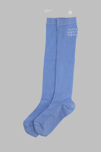 Light blue ribbed knee-high socks with white numerical embroidery on upper leg by mm6 maison margiela