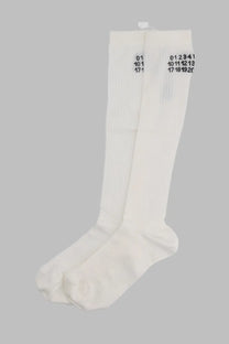 Mm6 Maison Margiela women’s white ribbed knee-high socks with black numerical embroidery on the upper leg