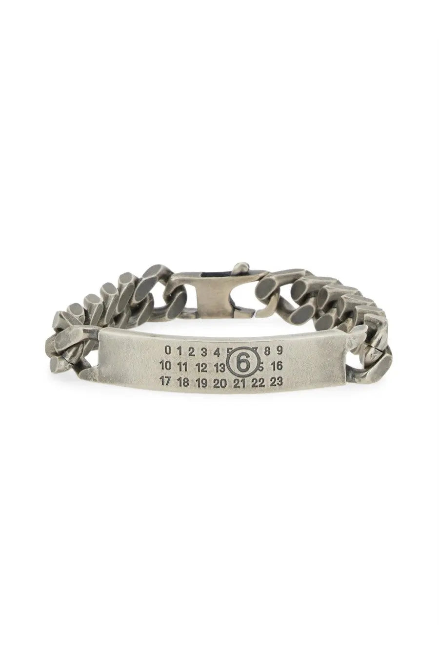Mm6 maison margiela women’s silver-toned chain bracelet with rectangular engraved plate and number 6 in circle