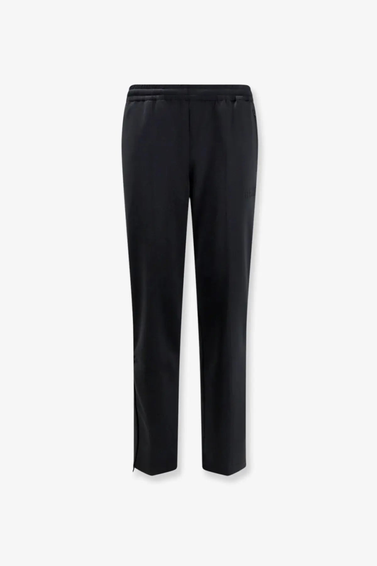Black tapered MM6 Maison Margiela women’s cotton blend jogging trousers with sleek straight-leg cut and side slits