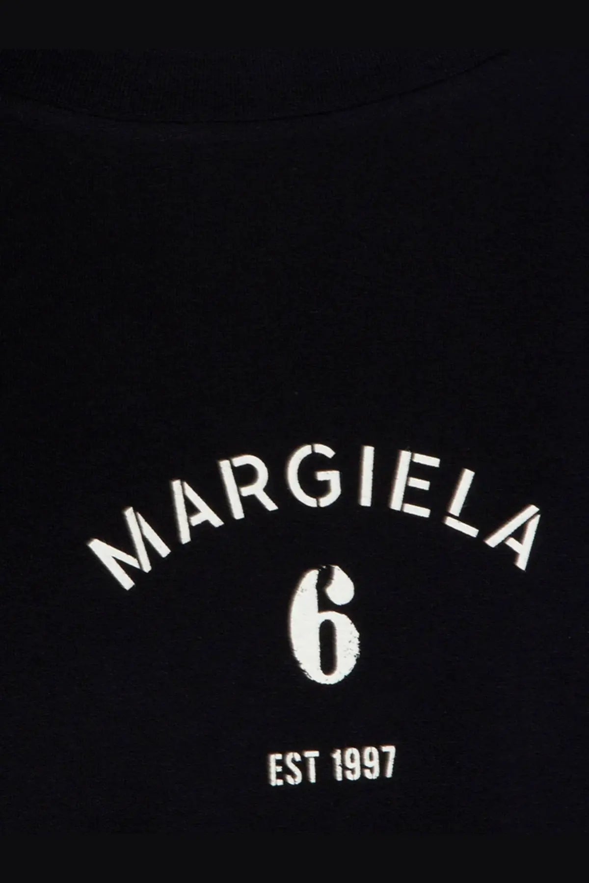 Mm6 Maison Margiela women’s black cotton t-shirt with white arched lettering and est 1997 print below