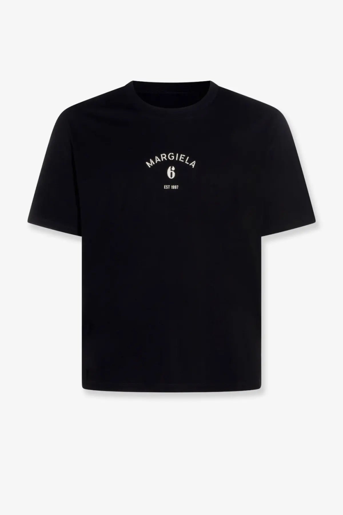 Mm6 maison margiela women’s black cotton t-shirt with white arched logo and est 1987 text on the chest