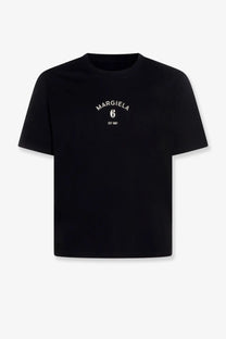 Mm6 maison margiela women’s black cotton t-shirt with white arched logo and est 1987 text on the chest