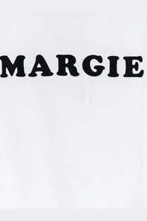 Mm6 maison margiela women’s white cotton t-shirt with bold black margie lettering across the chest