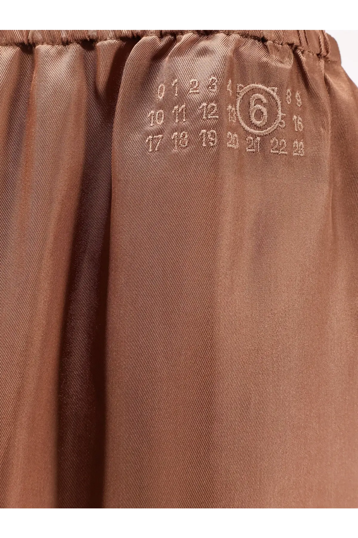 Mm6 maison margiela women’s brown cupro blend midi satin skirt with embroidered calendar design featuring number 6 in circle