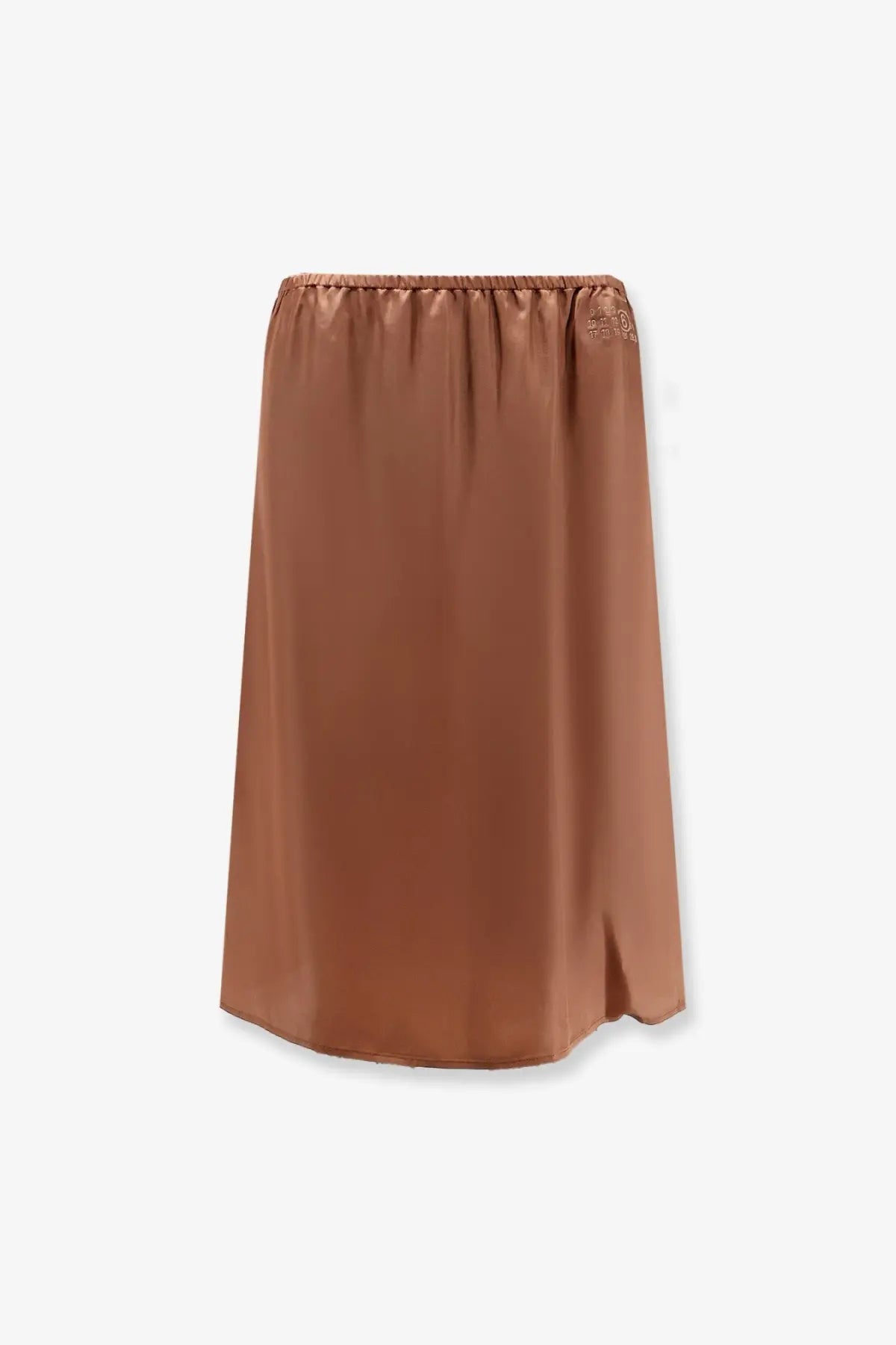 A sleek rust-colored satin cupro blend midi skirt with elastic waistband and side slit by mm6 maison margiela
