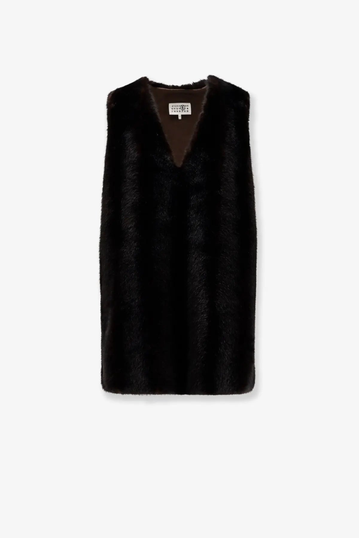 Black faux fur vest with v neckline and plush texture paired with mm6 maison margiela women’s brown faux shearling short dress