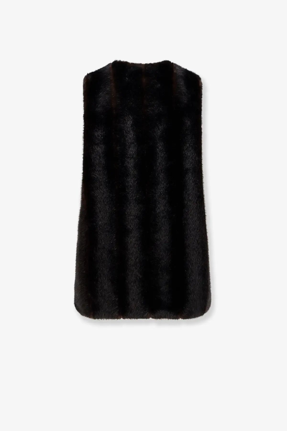 Black faux fur vest with sleek sleeveless design and soft plush texture paired with mm6 maison margiela brown faux shearling dress