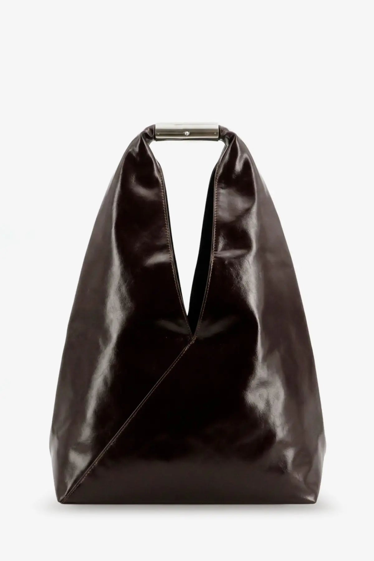 A sleek black leather tote bag with a minimalist metallic handle in mm6 maison margiela style
