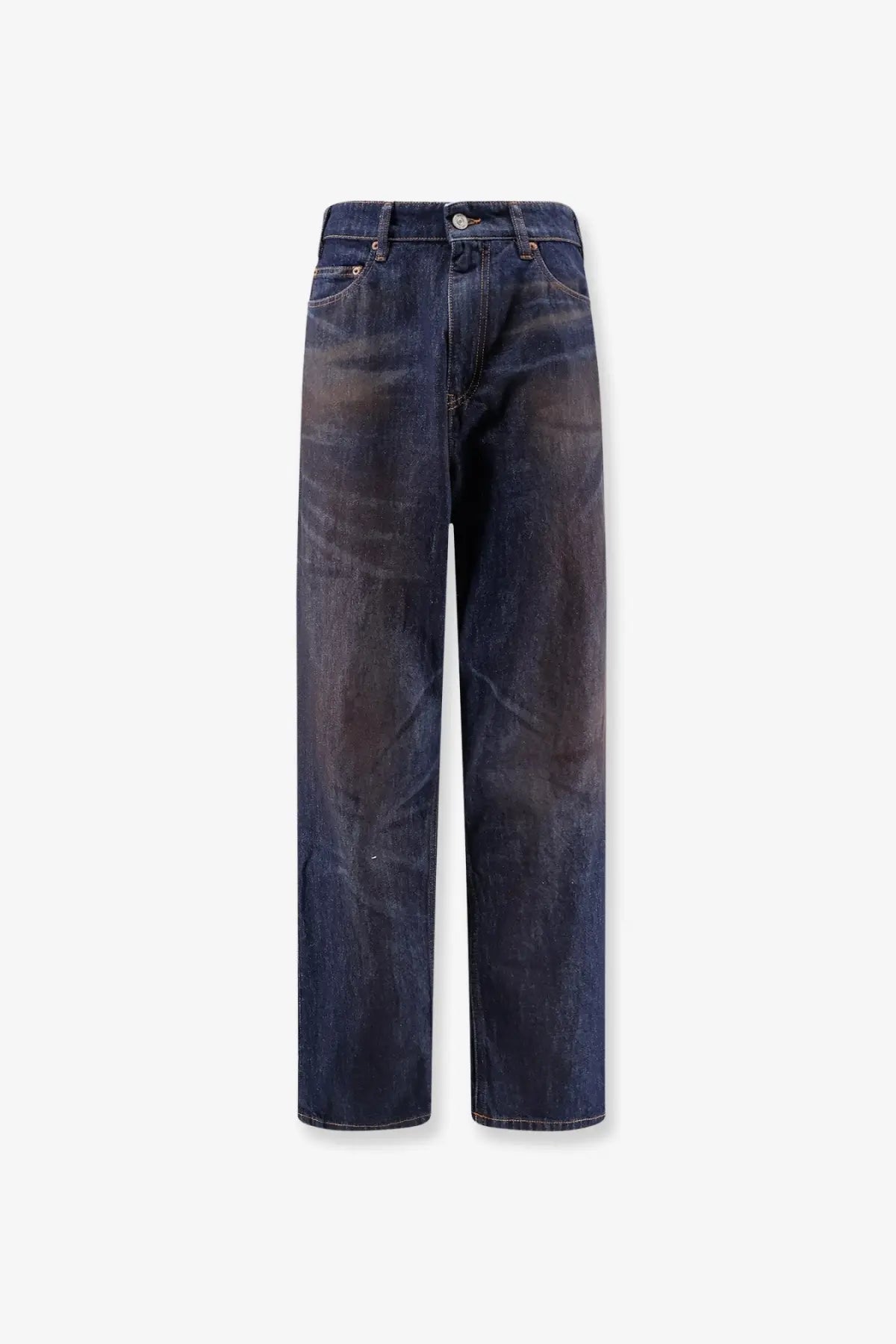 Dark indigo denim jeans with a faded worn-in look and classic five-pocket design from MM6 Maison Margiela women