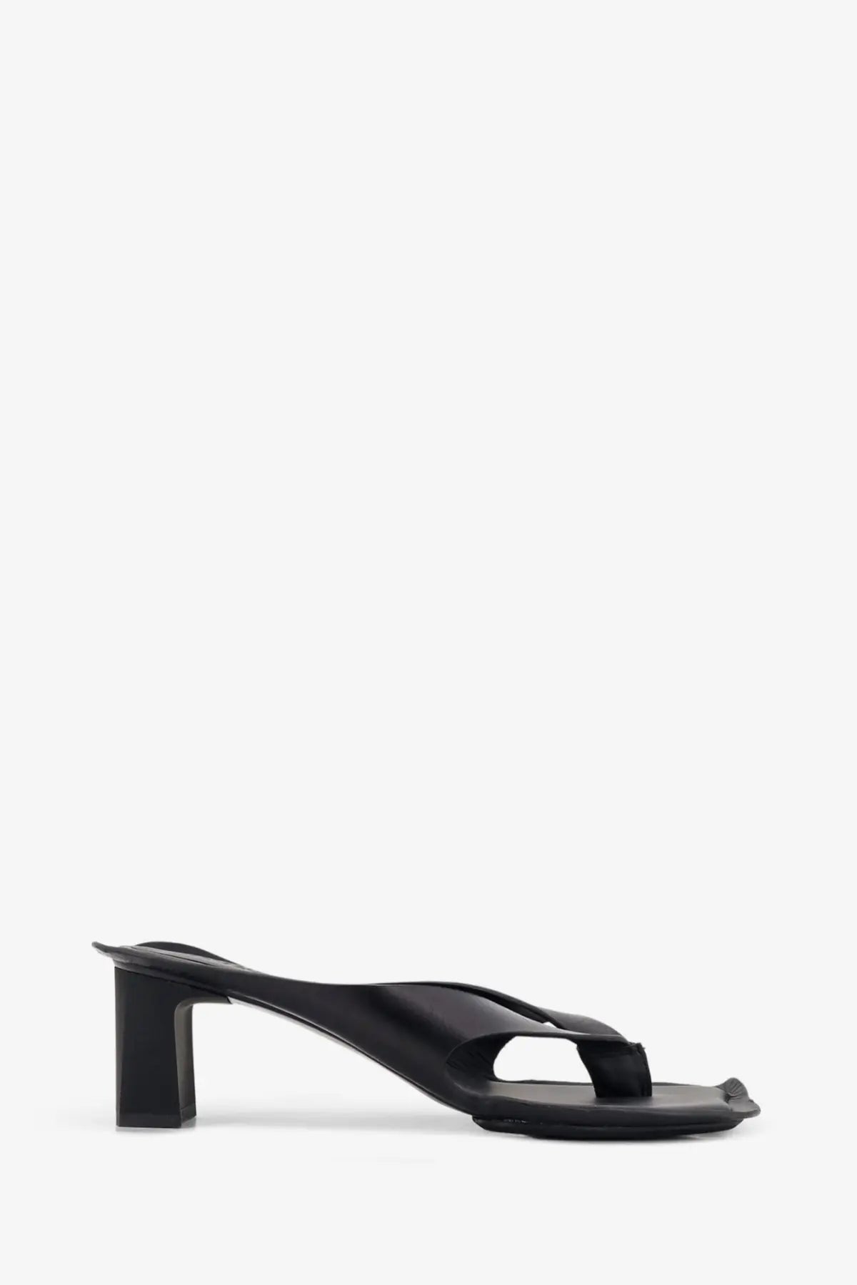 Mm6 Maison Margiela women’s black leather mule sandals with block heel and minimalist design viewed from the back