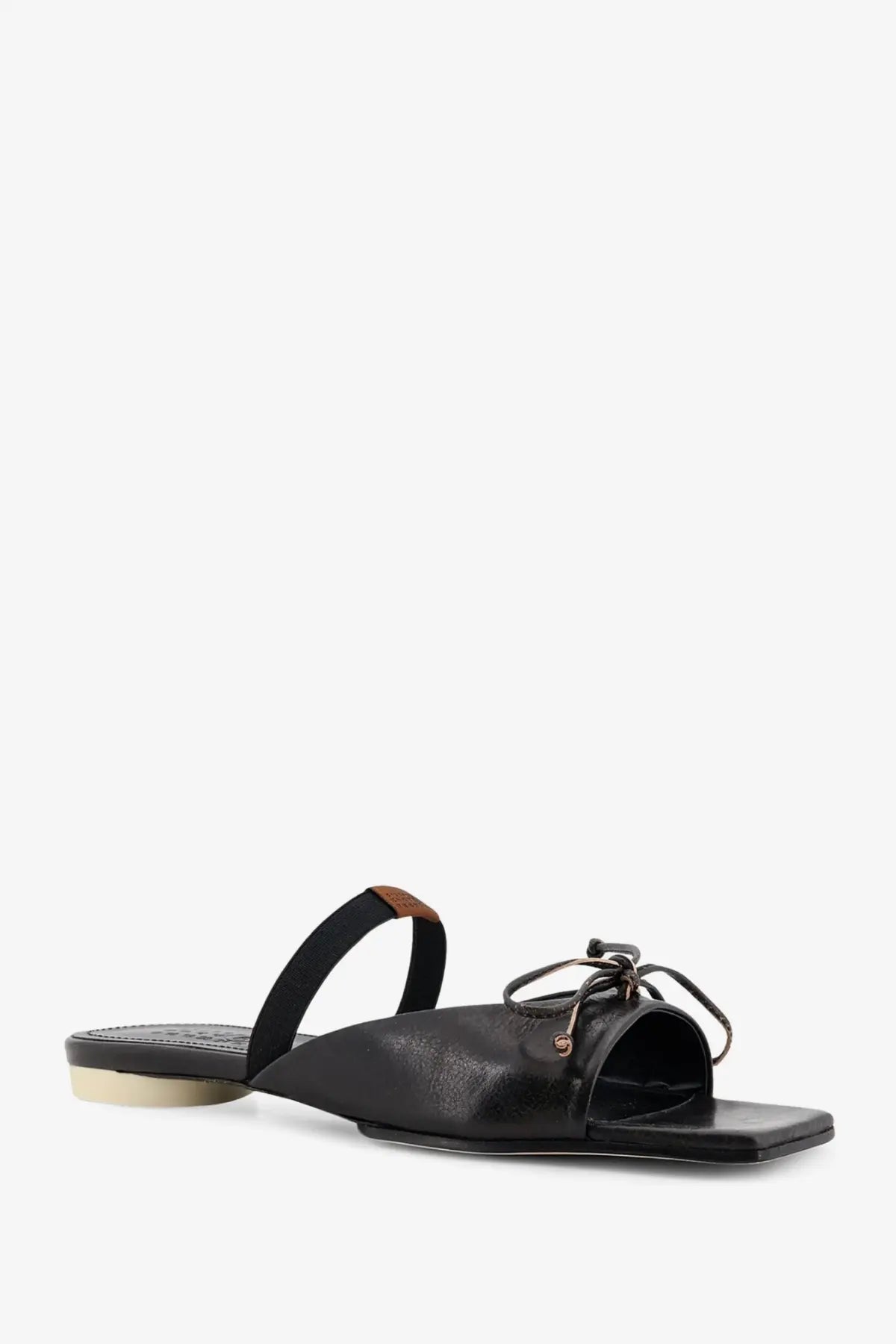 Black leather slide sandal with thin strap and decorative bow detail from mm6 maison margiela womens leather sandals black