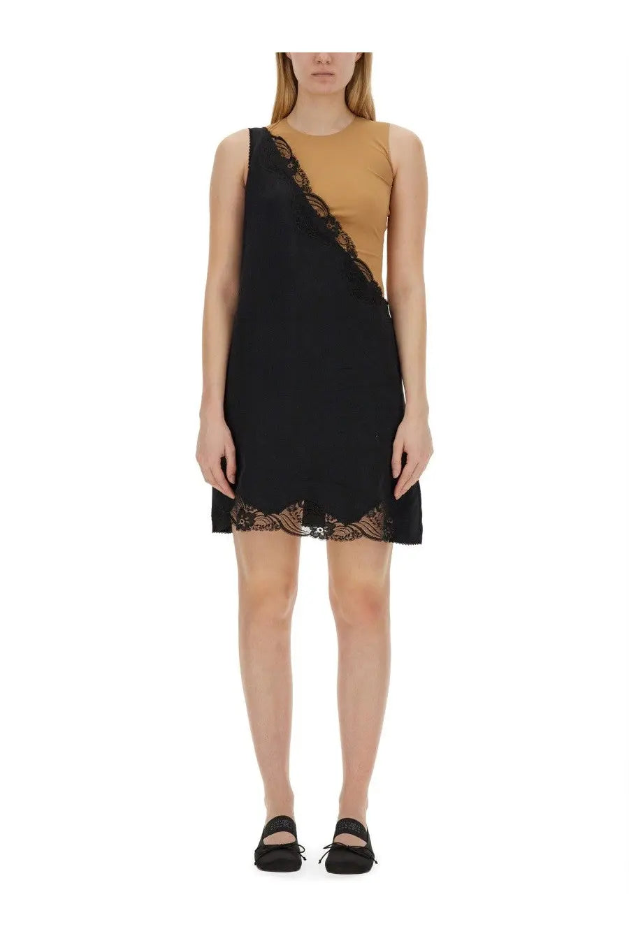 Black lace-trimmed asymmetrical mini dress with tan bodice by MM6 Maison Margiela in black midi length