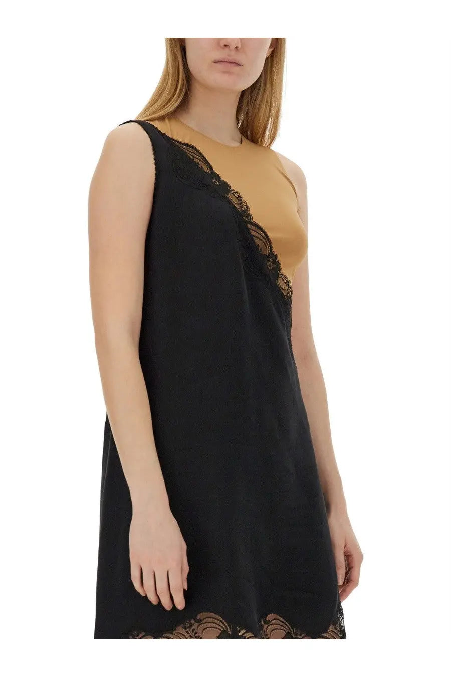 Mm6 maison margiela women’s black sleeveless midi dress with delicate lace trim and tan inner lining
