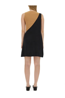 Mm6 Maison Margiela women’s midi dress in black and tan featuring a one-shoulder design with diagonal color blocking