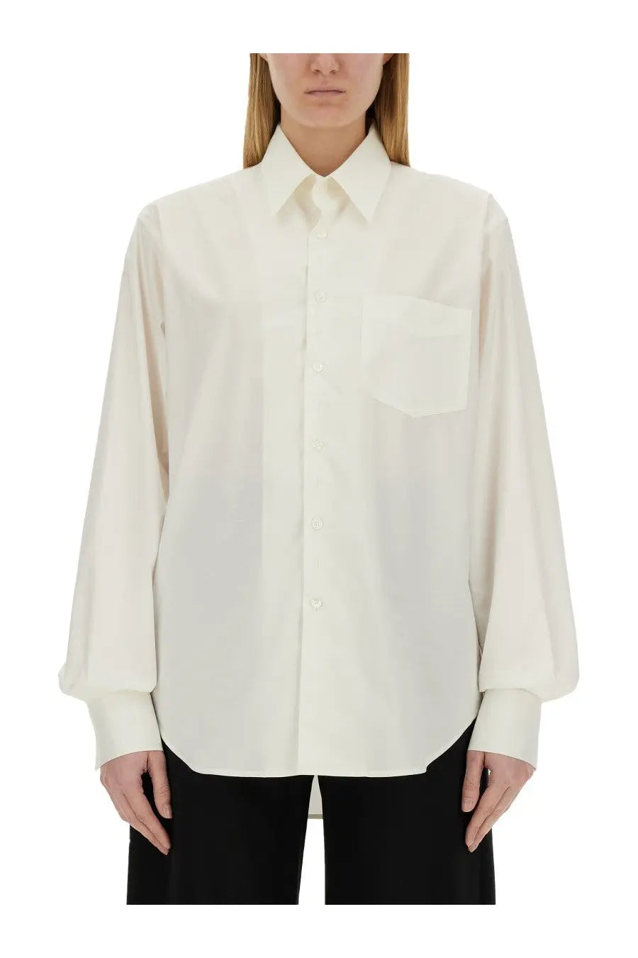 Off-white long-sleeved button-down shirt with classic collar and chest pocket by mm6 maison margiela women’s oversize fit shirt white