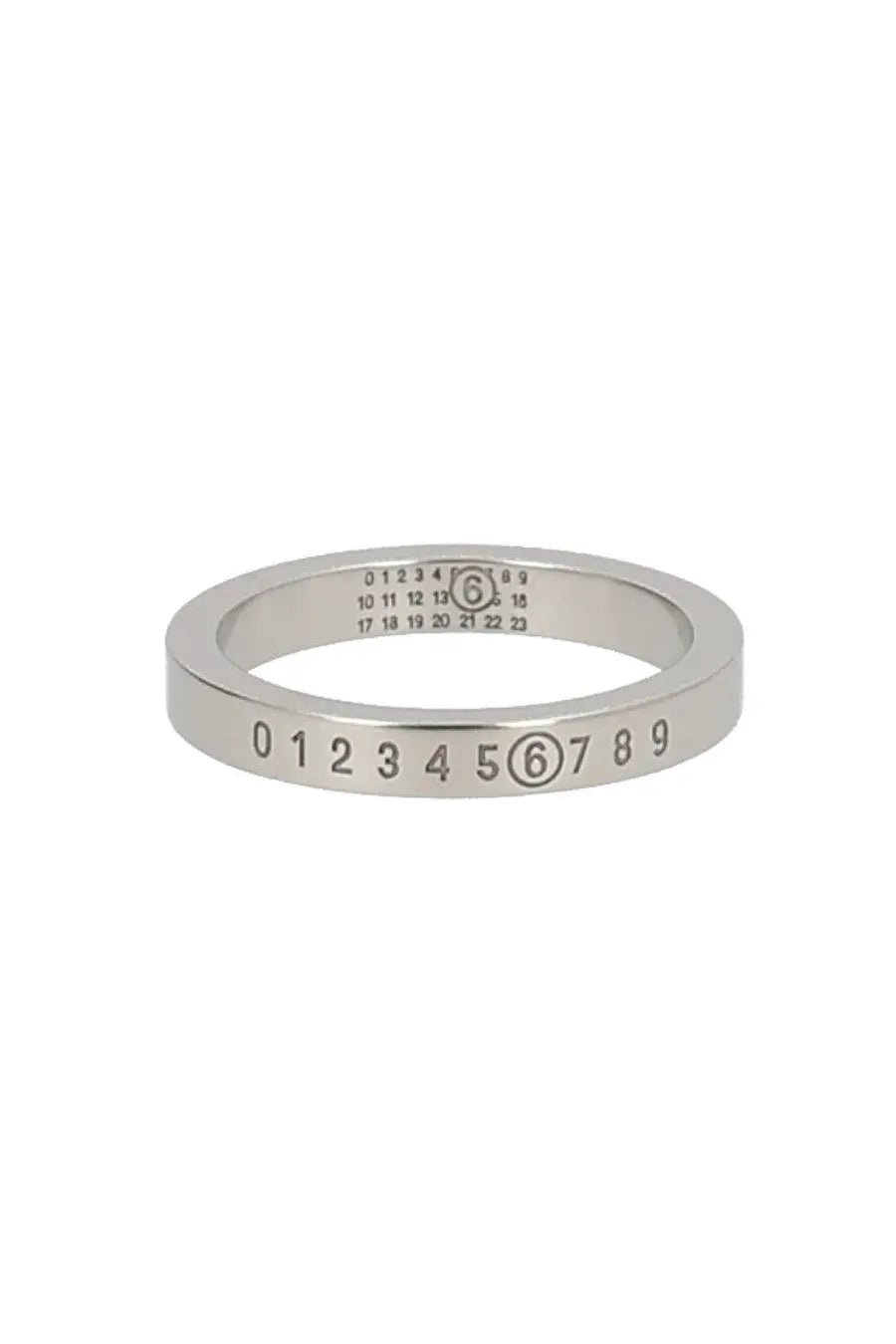 Silver-toned mm6 maison margiela women’s ring with engraved numerals and circular logo featuring number 6 prominently