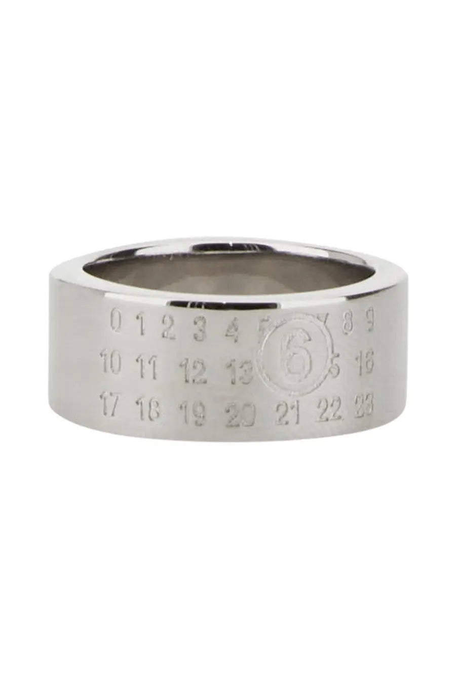 Silver-toned metal ring by mm6 maison margiela featuring an engraved calendar design and central circular logo