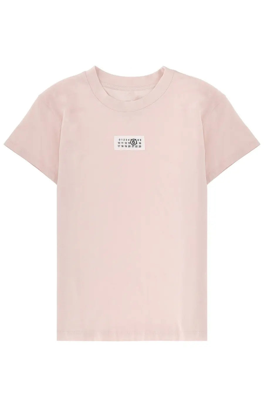 Mm6 Maison Margiela women’s soft blush pink short-sleeved t-shirt with minimalist white label and black logo on chest