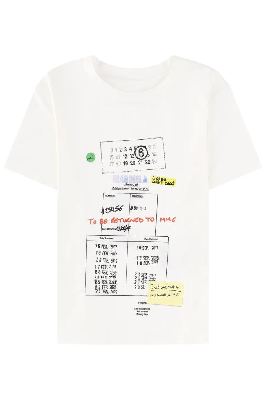 White cotton t-shirt with vintage library loan slip graphic and handwritten notes by mm6 maison margiela women’s shirt