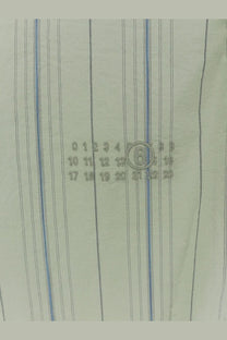 Mm6 maison margiela women’s striped cotton shirt in light green with thin blue and black vertical stripes and embroidered calendar design