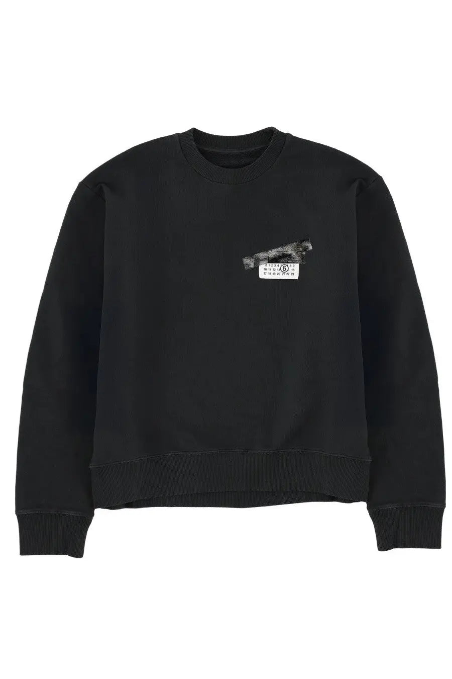 Black MM6 Maison Margiela women’s crewneck sweatshirt with a small vintage-style camera graphic on left chest
