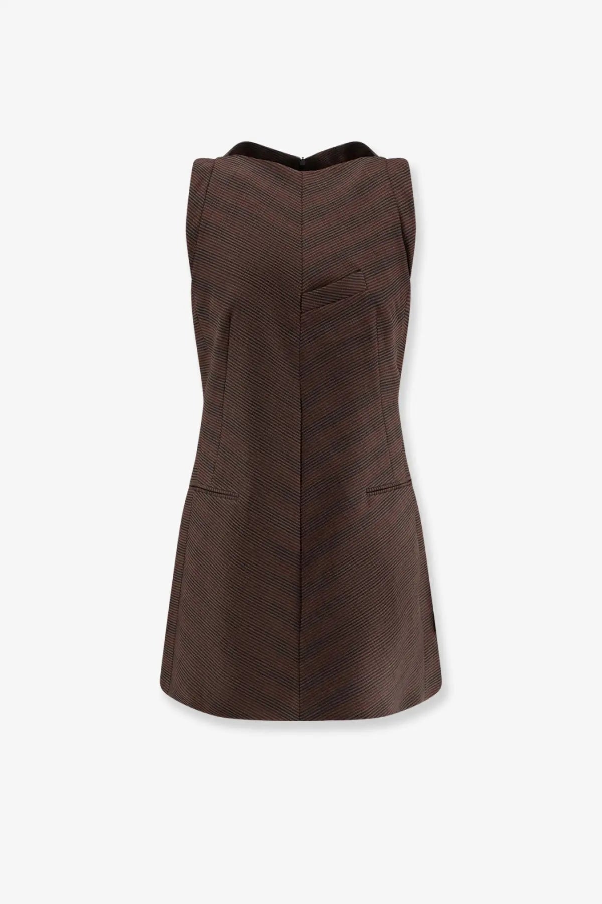 Mm6 maison margiela women wool blend short dress in brown with sleeveless herringbone pattern black collar and pockets