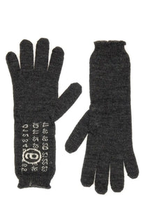 Dark gray knitted wool gloves for women by mm6 maison margiela with white embroidered logo and numbers on the wristband back side
