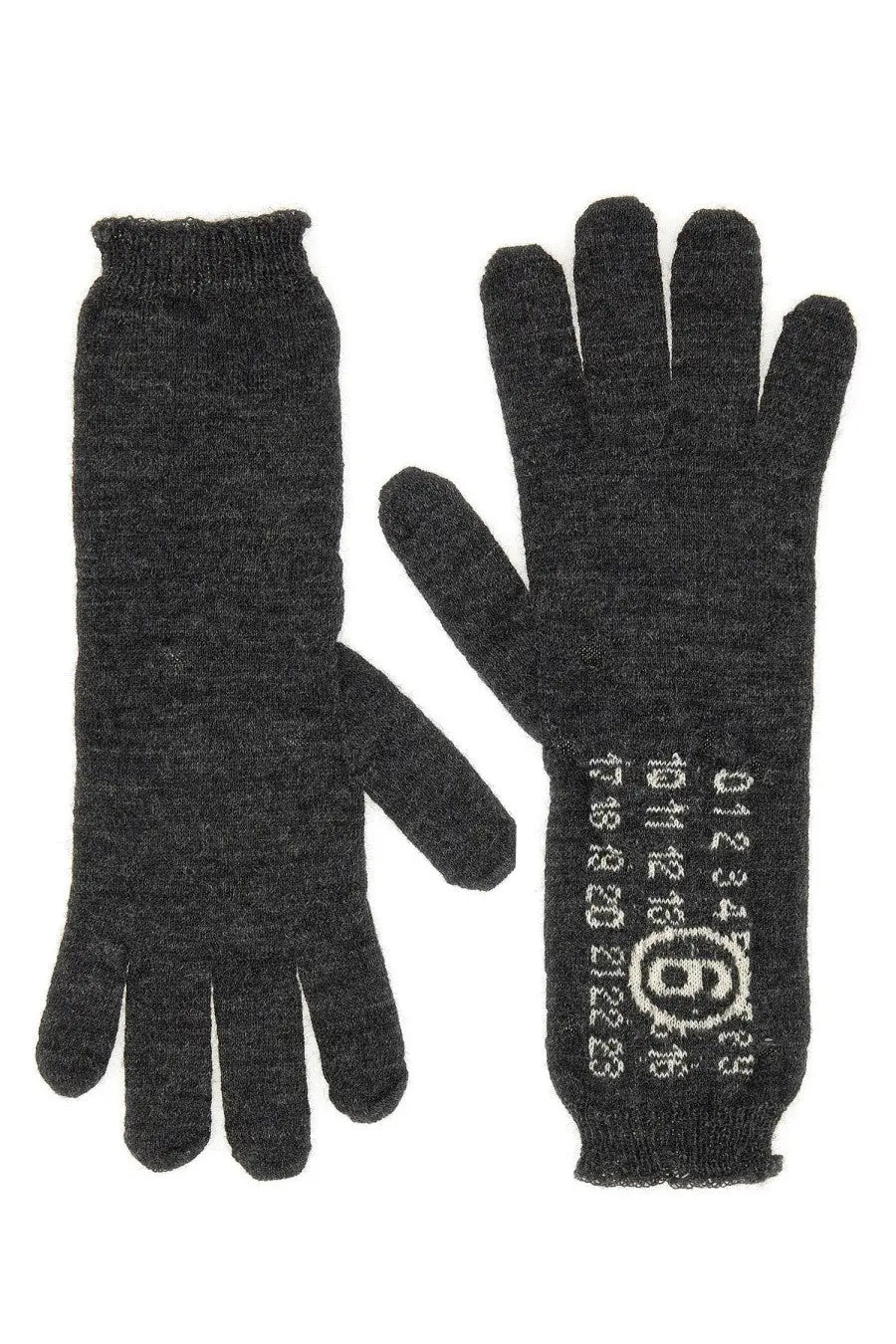 Dark gray wool gloves by mm6 maison margiela with white numerical and logo pattern on the back of one hand