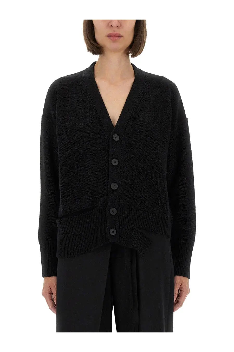 Black wool knit cardigan for women by MM6 Maison Margiela with v-neck, five dark buttons, ribbed cuffs and hem