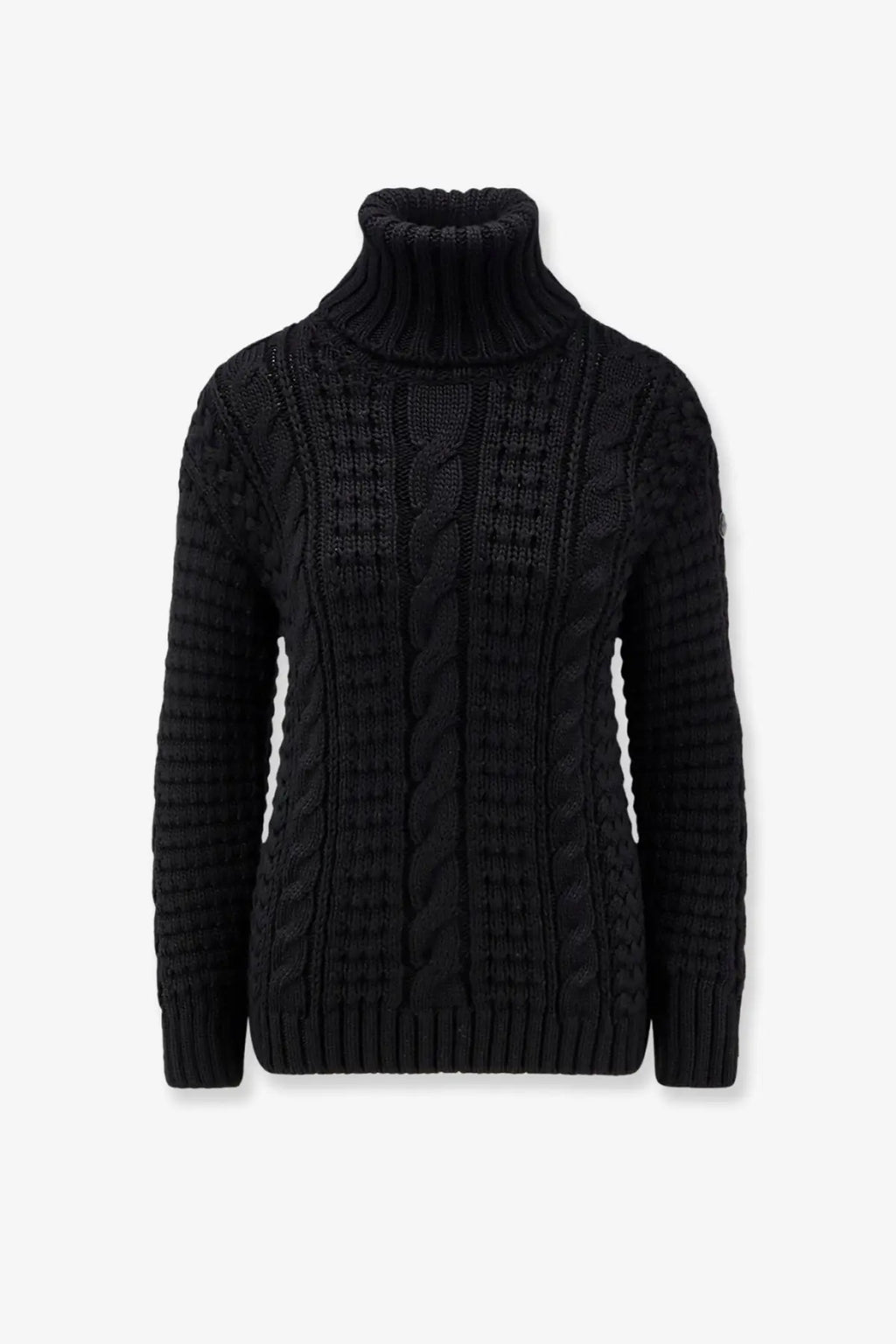 Black cable-knit turtleneck sweater with textured ribbed details from moncler genius women’s moncler edward enninful ee72
