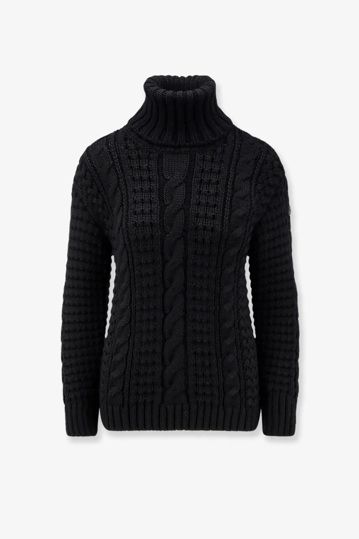Black cable-knit turtleneck sweater with textured ribbed details from moncler genius women’s moncler edward enninful ee72