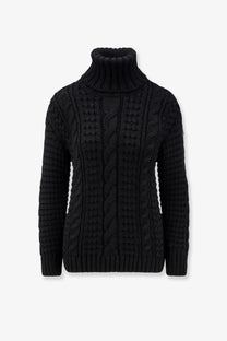 Black cable-knit turtleneck sweater with textured ribbed details by Moncler Genius womens Moncler Edward Enninful ee72