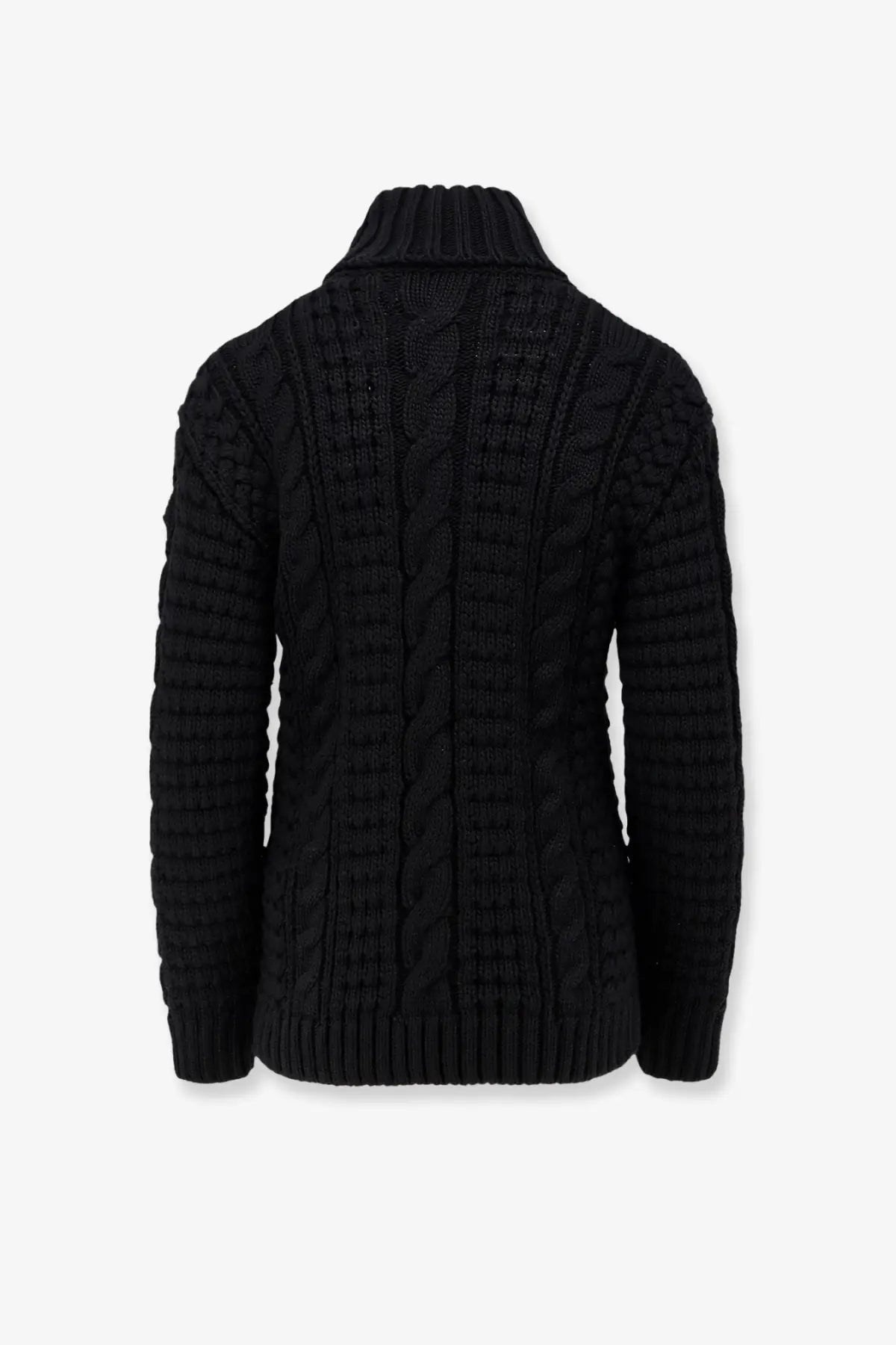 Black cable-knit turtleneck sweater with textured ribbed detailing by moncler genius women’s moncler edward enninful ee72
