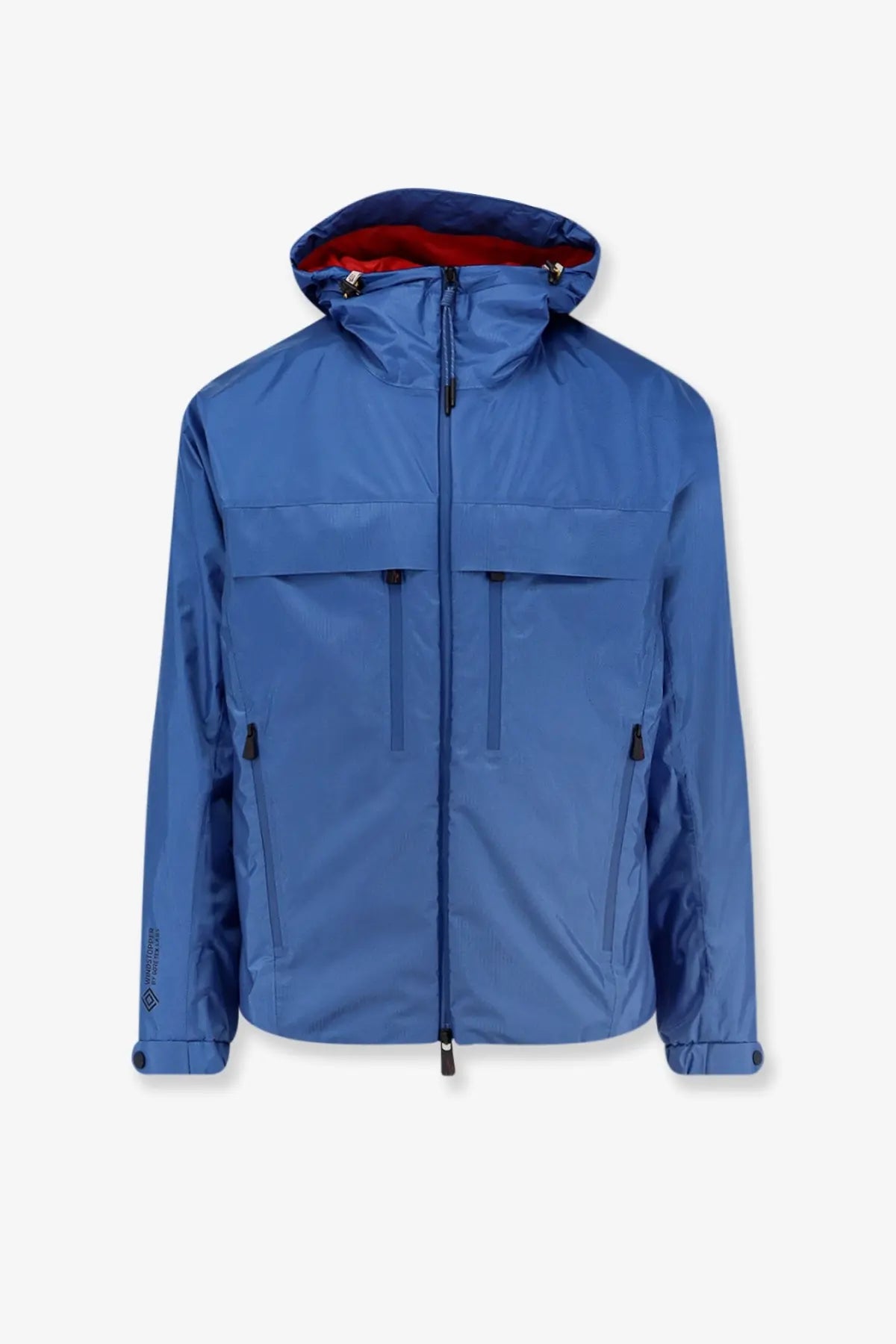 Moncler Grenoble men’s Thurn windstopper jacket in blue with waterproof hood red interior lining and black zipper pulls