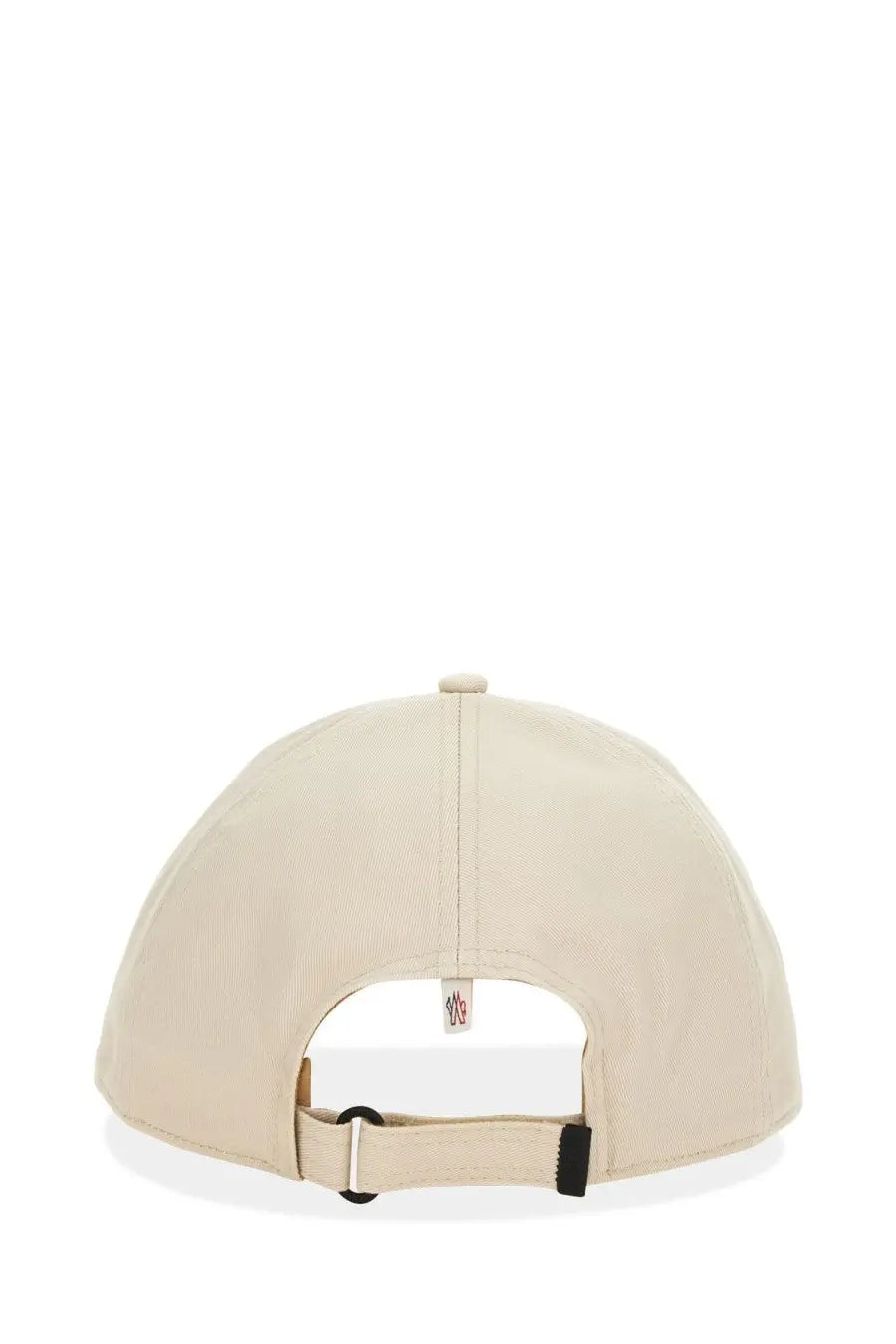 Beige moncler grenoble women’s baseball hat with adjustable strap and small brand tag showing back side details