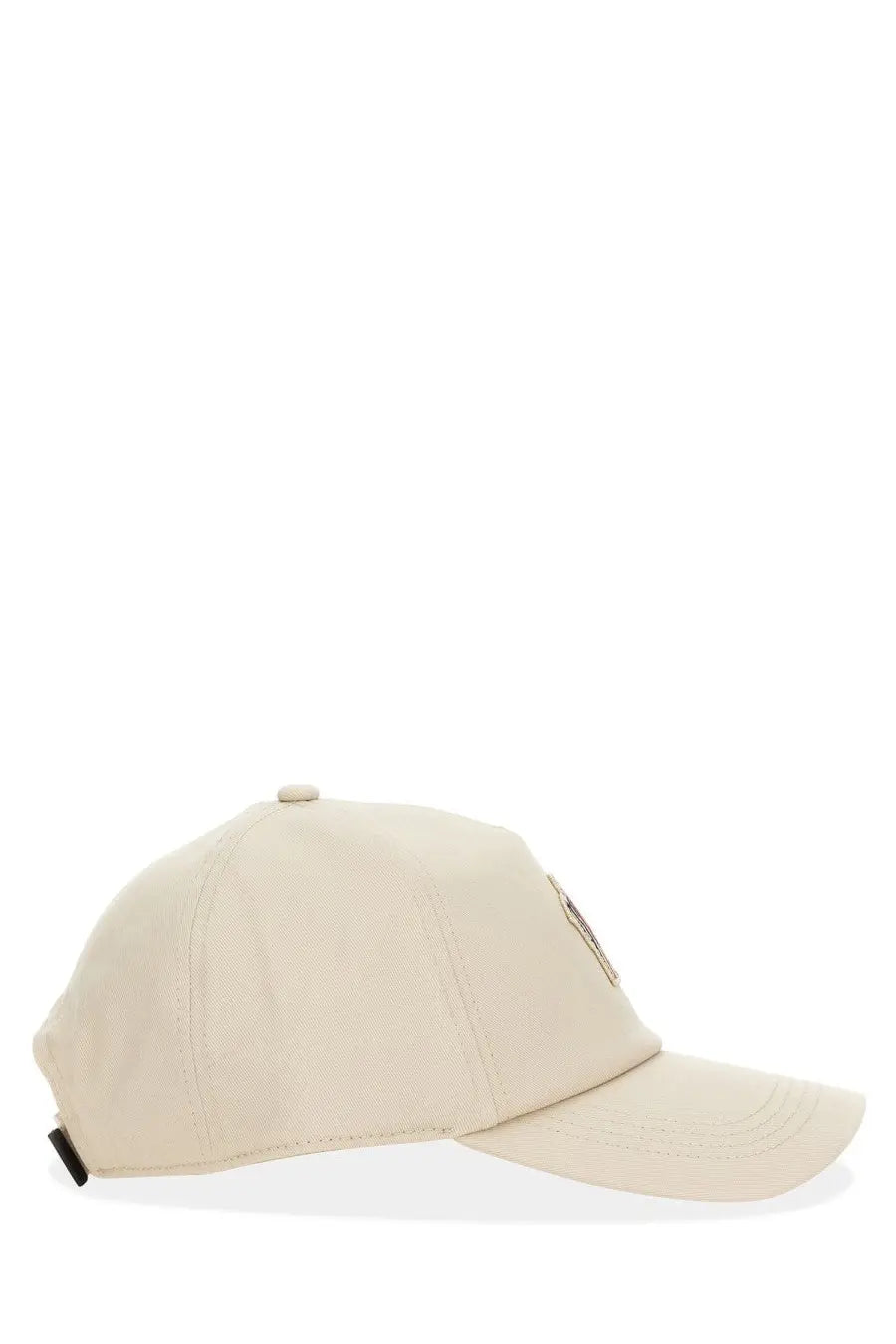 Beige Moncler Grenoble women’s baseball hat with embroidered patch and black adjustable strap at the back