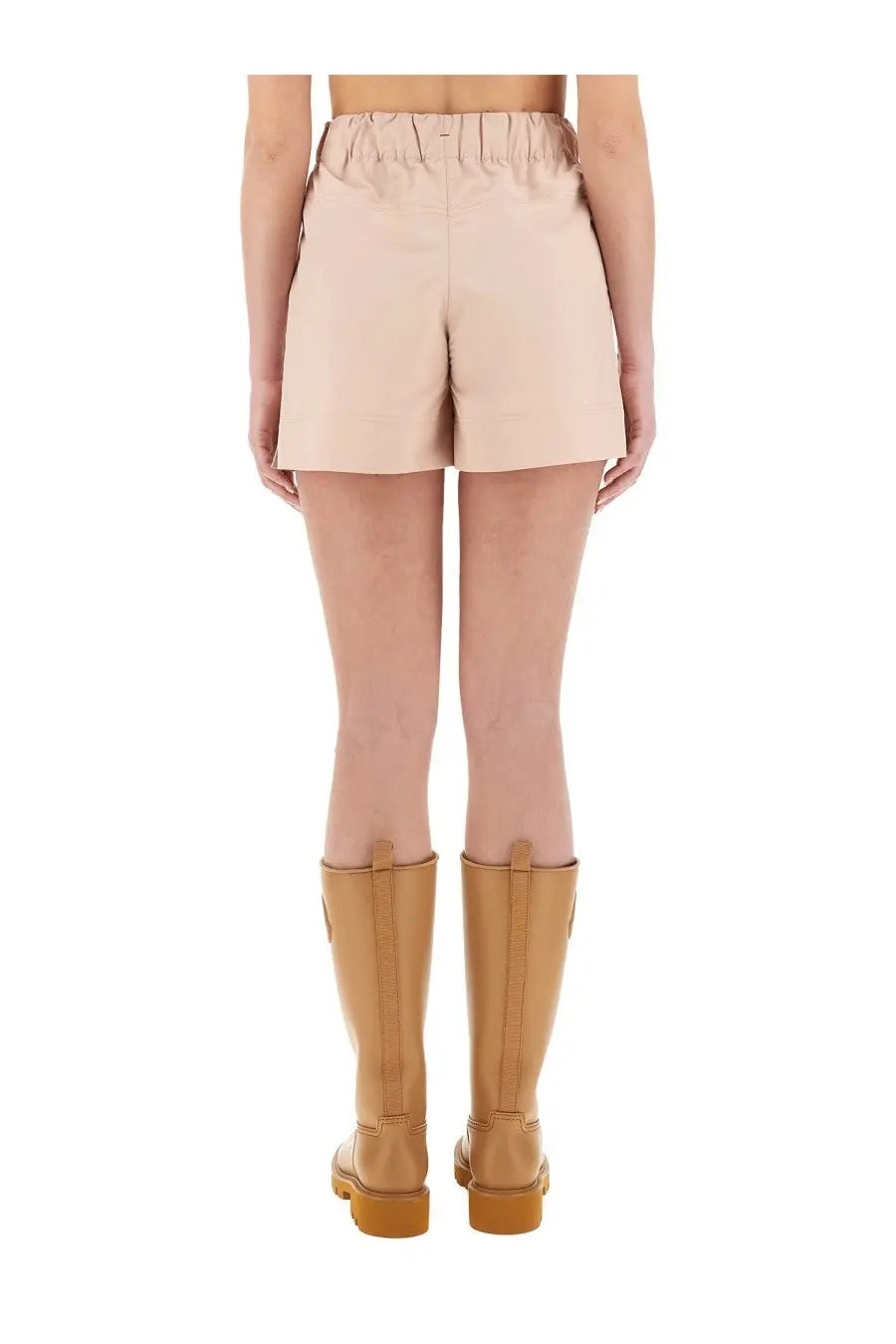 Beige high-waisted moncler grenoble women’s cotton gabardine shorts with gathered elastic waistband