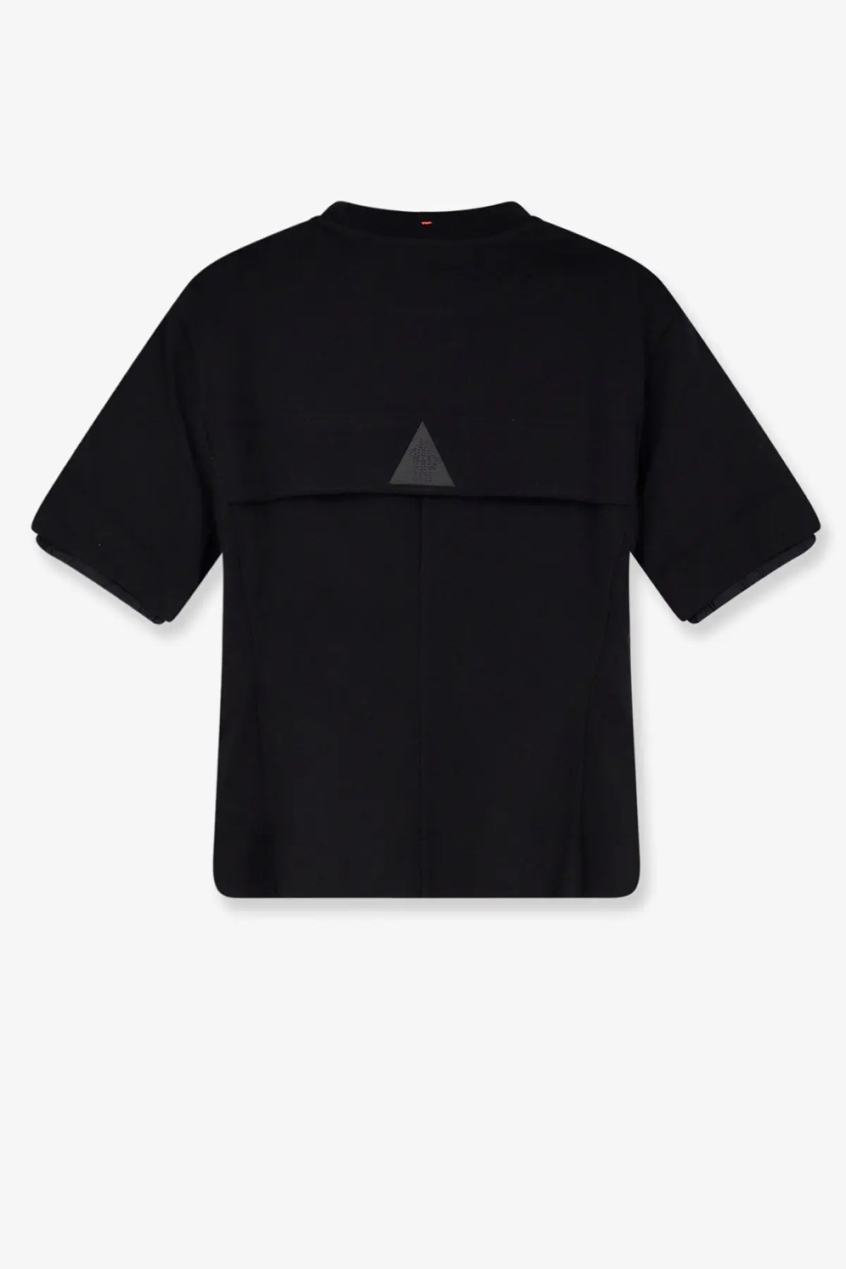 Back view of moncler grenoble women’s black cotton t-shirt with a subtle triangular patch on the back