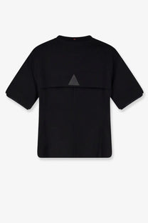 Back view of moncler grenoble women’s black cotton t-shirt with a subtle triangular patch on the back