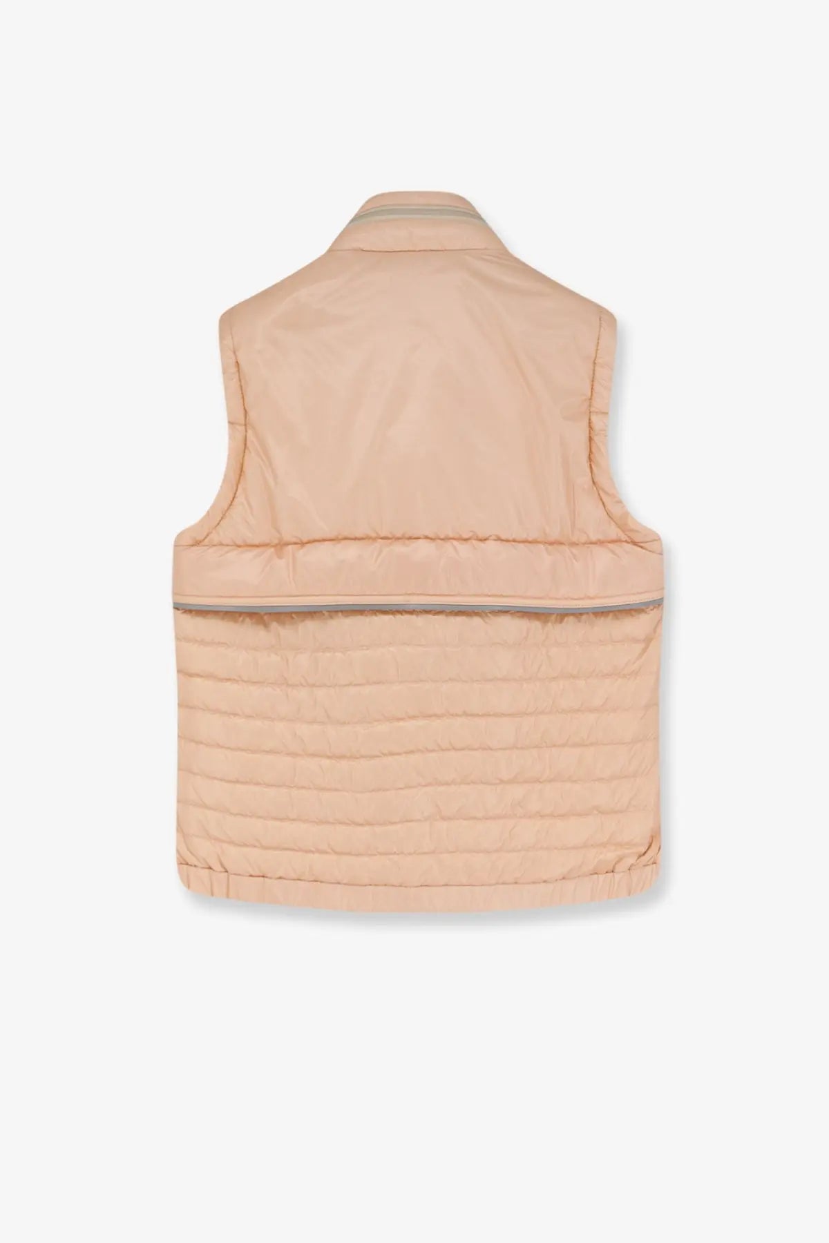Beige quilted moncler grenoble women’s gumiane sleeveless down jacket with horizontal seam and reflective waist strip