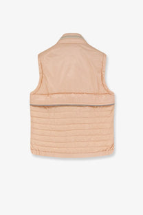 Beige quilted moncler grenoble women’s gumiane sleeveless down jacket with horizontal seam and reflective waist strip