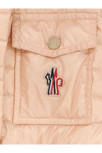 A blush pink quilted moncler grenoble women’s gumiane sleeveless down jacket pocket with colorful embroidered logo and button