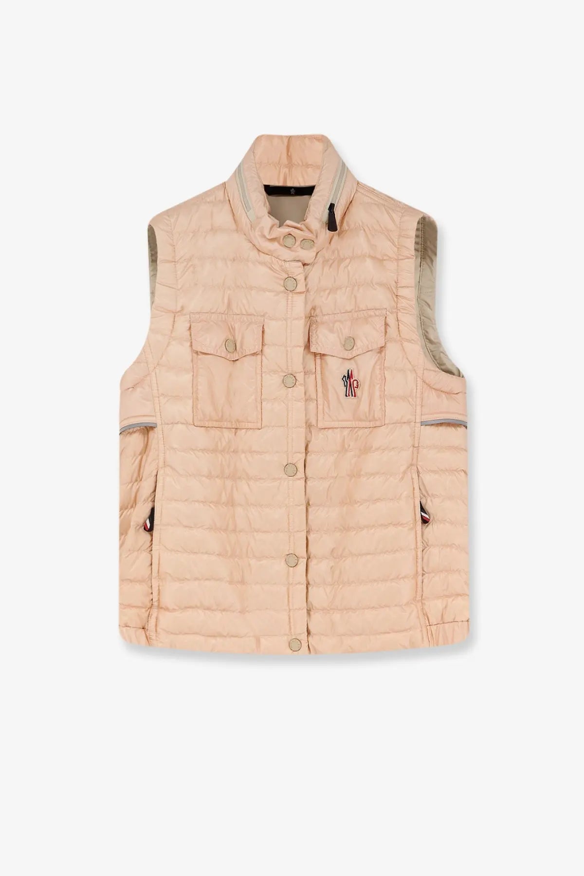 Moncler Grenoble women’s gumiane sleeveless down jacket in quilted peach with stand-up collar and front button closure