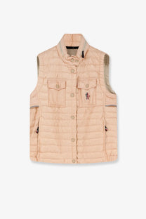 Moncler Grenoble women’s gumiane sleeveless down jacket in quilted peach with stand-up collar and front button closure