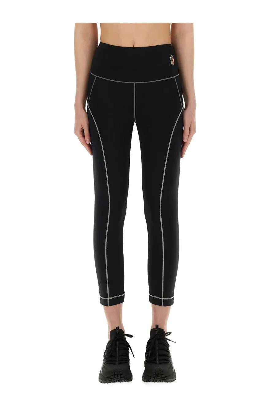 Moncler Grenoble women’s black high-waisted leggings with subtle white stitching and logo on waistband