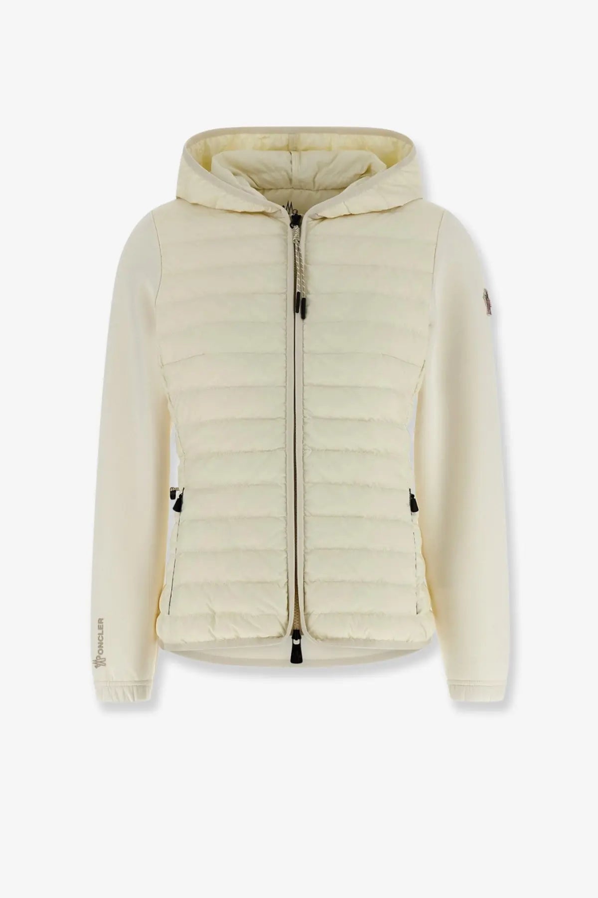 Cream-colored Moncler Grenoble women’s neoprene hooded puffer jacket with quilted design and black zipper pulls
